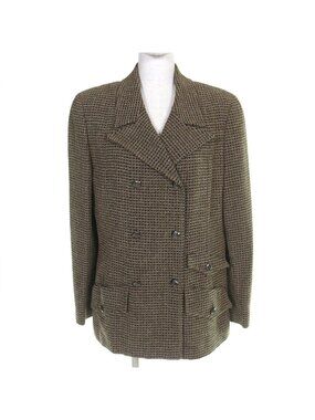 Chanel Vintage CC Logo Button Wool Tweed Double Jacket Khaki 44